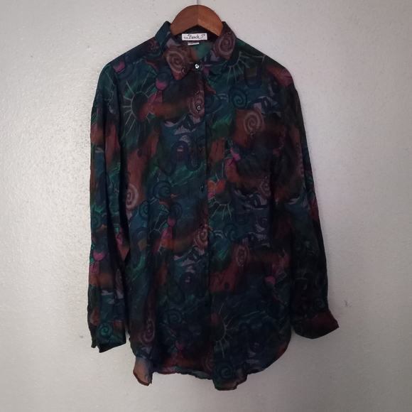 Punch Vintage L Silk Button Down Volcano Sun Pattern Top Blouse Turquoise Tan - Picture 15 of 16